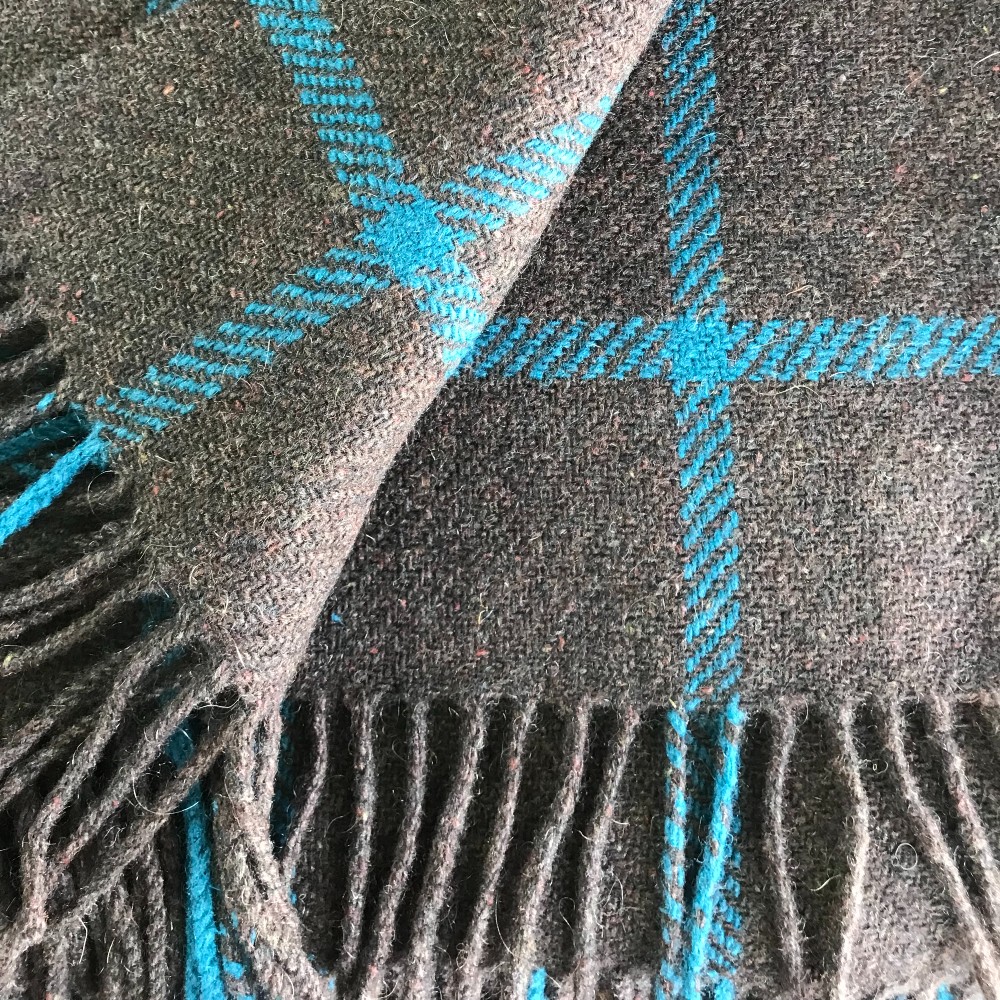 Joshua Ellis Cashmere Chocolate and Teal Windowpane Check Throw